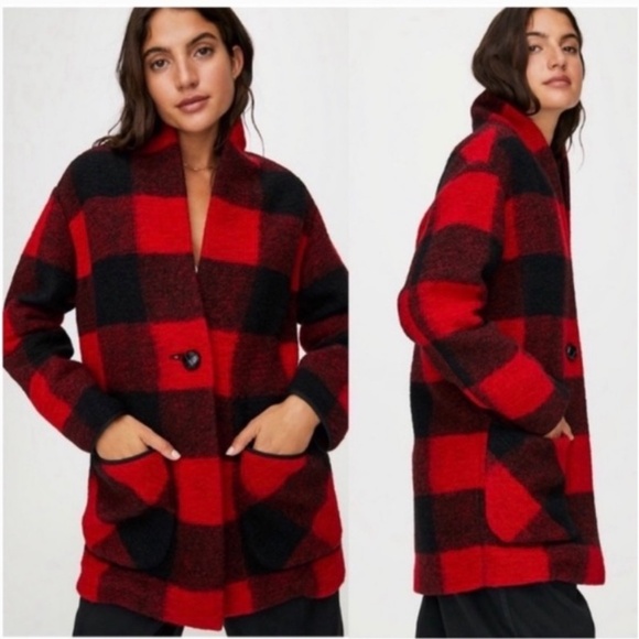 Aritzia Wilfred Free Off-Duty Wool Plaid Cocoon Jacket Fall Red/Black Shacket - Picture 2 of 2
